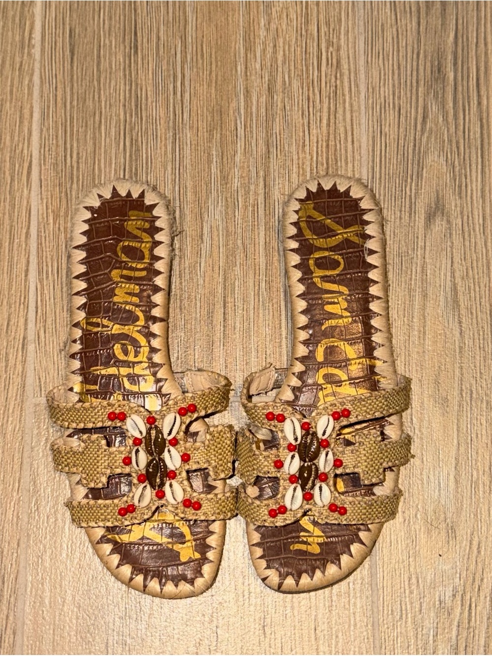Sam Edelman Tan Woven Slide Sandals with Red Bead Detail